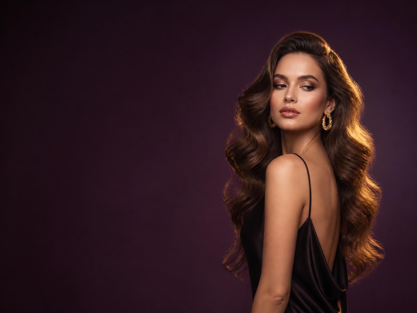 Model with layered, bouncy waves in champagne gold lighting