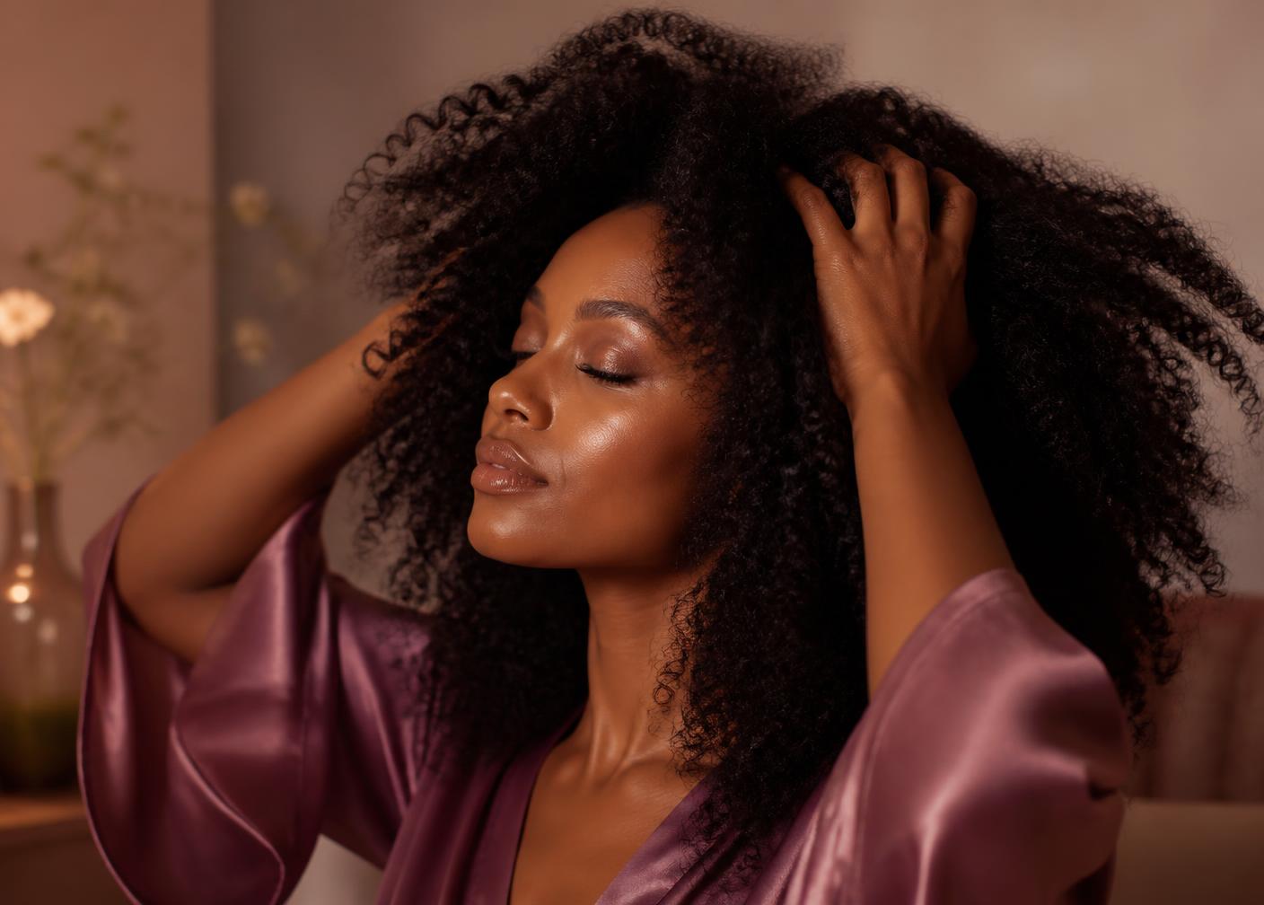 Woman running her hands through voluminous curly hair in warm light